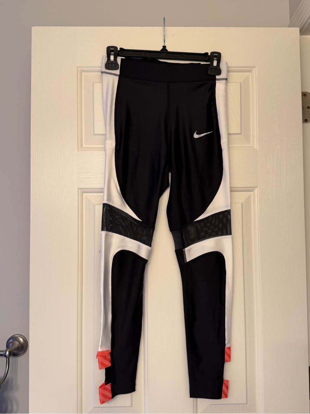 Nike Dri-Fit Black and White Mesh Leggings with Coral Detailing